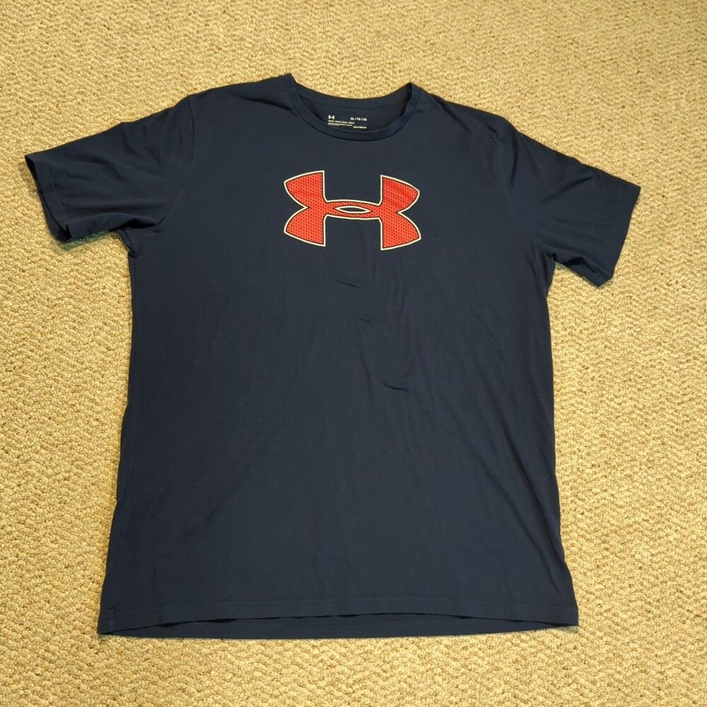 Under Armour HeatGear T Shirt Mens XL Blue Red Loose Fit Logo Active Gym